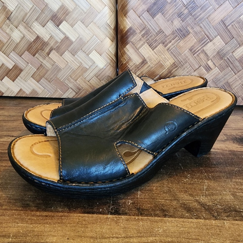 Born Shoes Women's Size 10 Black Leather Slide Wedge Heels Clogs Slip On Sandals